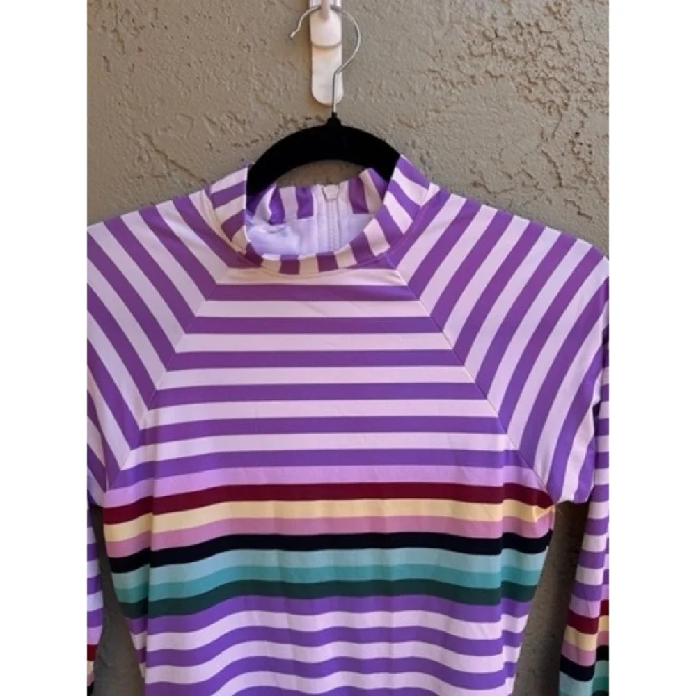 Bikini Lab NEW Purple Striped Long Sleeve One Piece Swimsuit Rash Guard MEDIUM